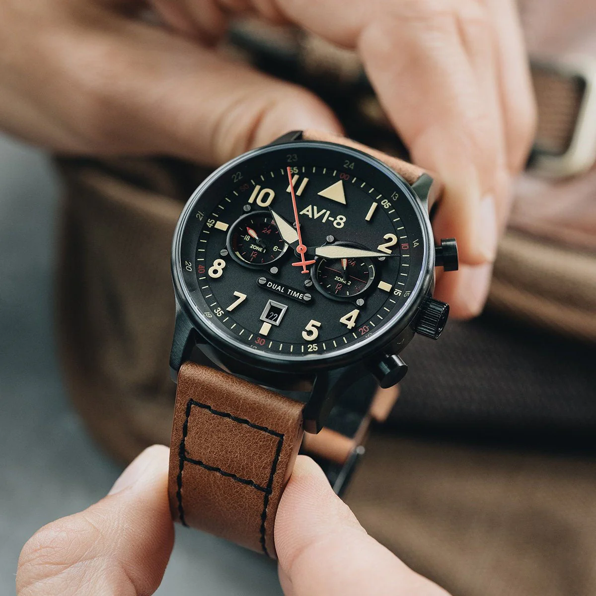 AVI-8 Carey Dual Time Men's Black Brown Chronograph Watch - Image 6