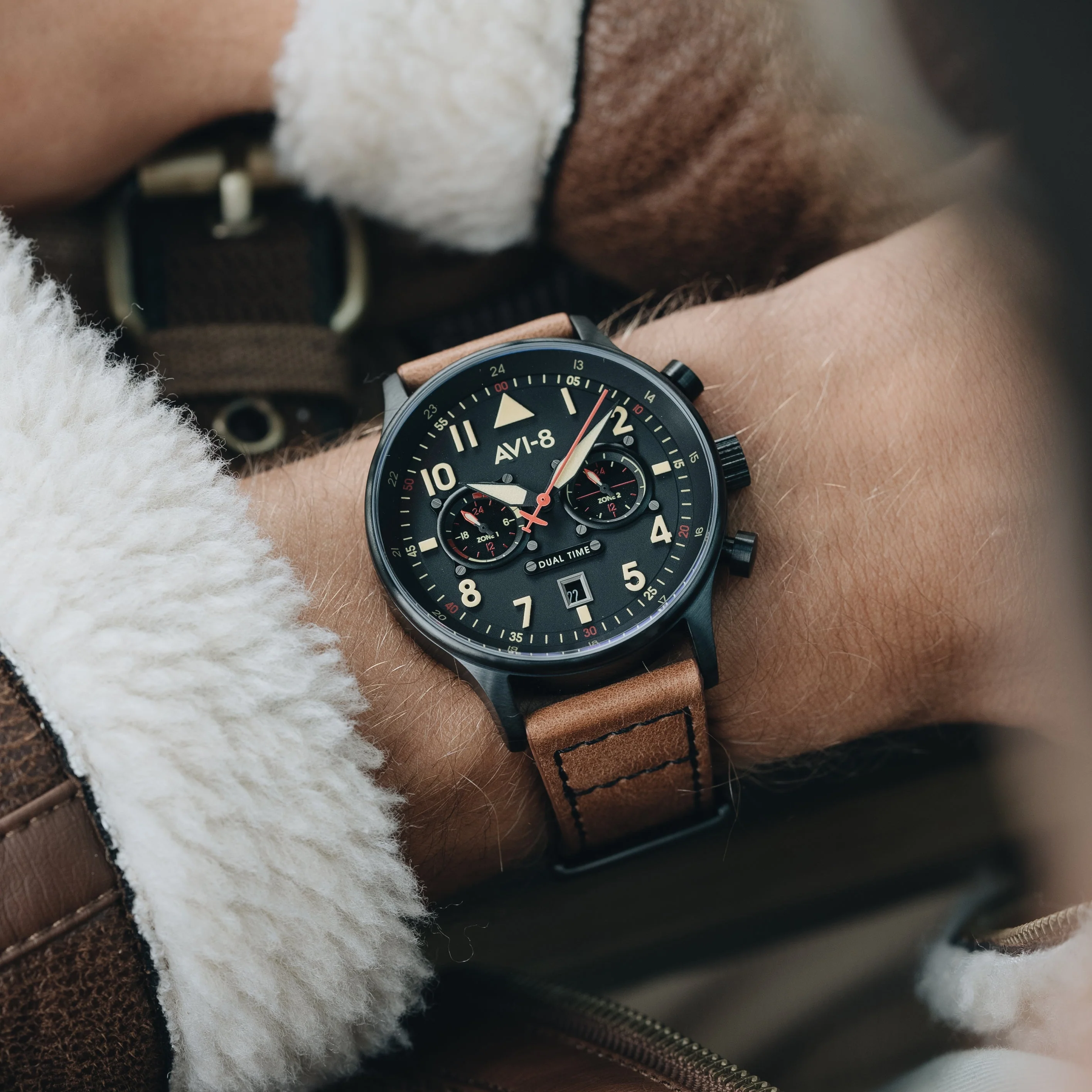 AVI-8 Carey Dual Time Men's Black Brown Chronograph Watch - Image 7