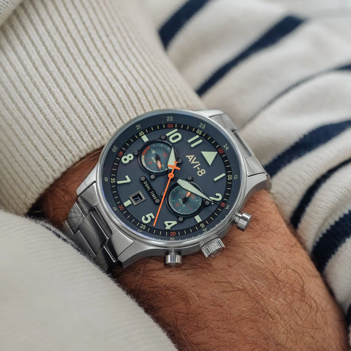 AVI-8 Carey Dual Time Men's Blue Silver Chronograph Watch - Image 3