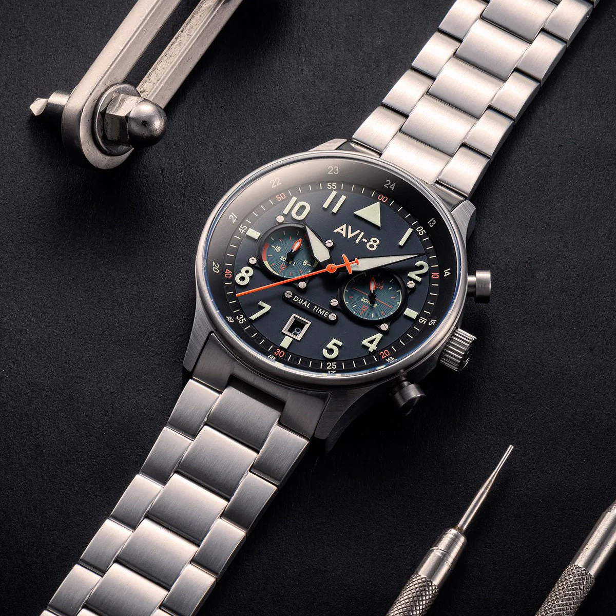 AVI-8 Carey Dual Time Men's Blue Silver Chronograph Watch - Image 4