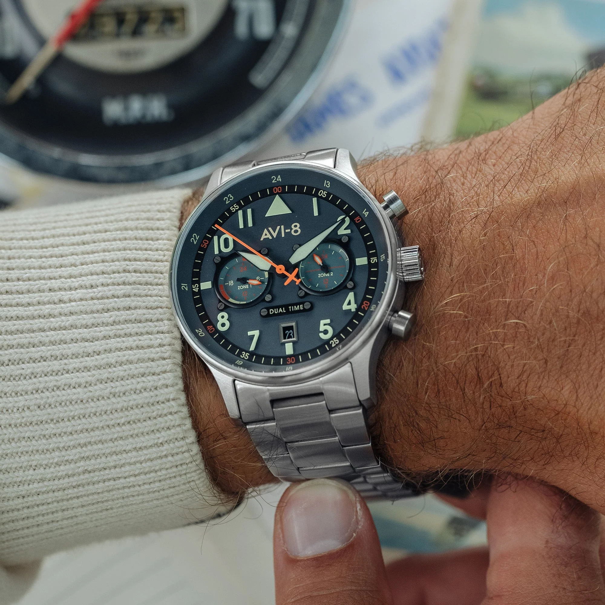 AVI-8 Carey Dual Time Men's Blue Silver Chronograph Watch - Image 6