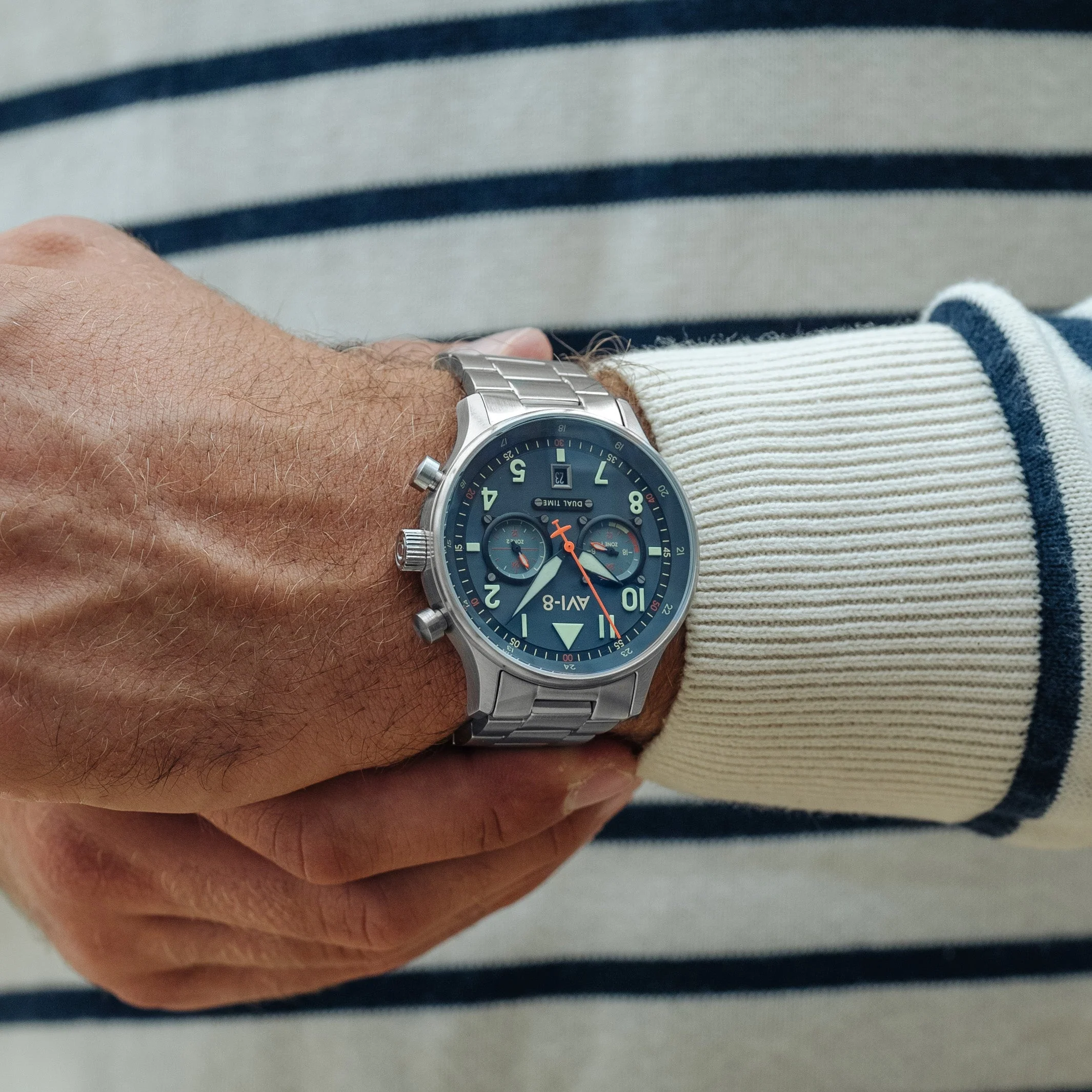 AVI-8 Carey Dual Time Men's Blue Silver Chronograph Watch - Image 7