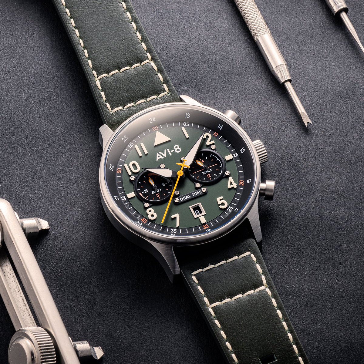 AVI-8 Carey Dual Time Green Chronograph Watch - Image 7