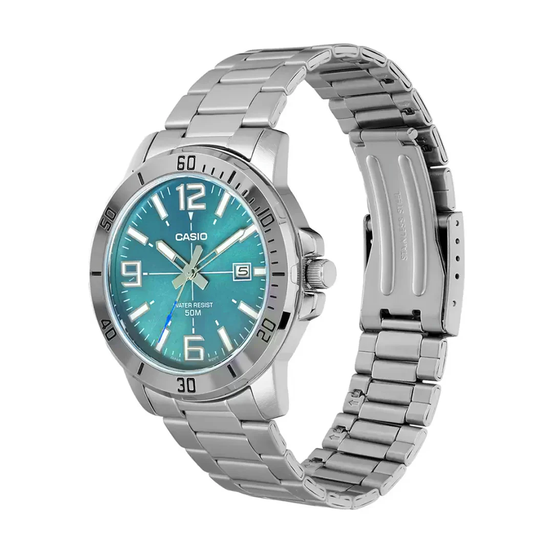 Casio Enticer Link Bracelet Men's Turquoise Silver Watch - Image 3