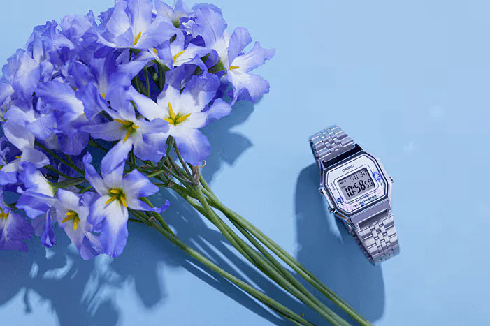 Casio Vintage Floral Dial Silver Digital Watch - Image 2