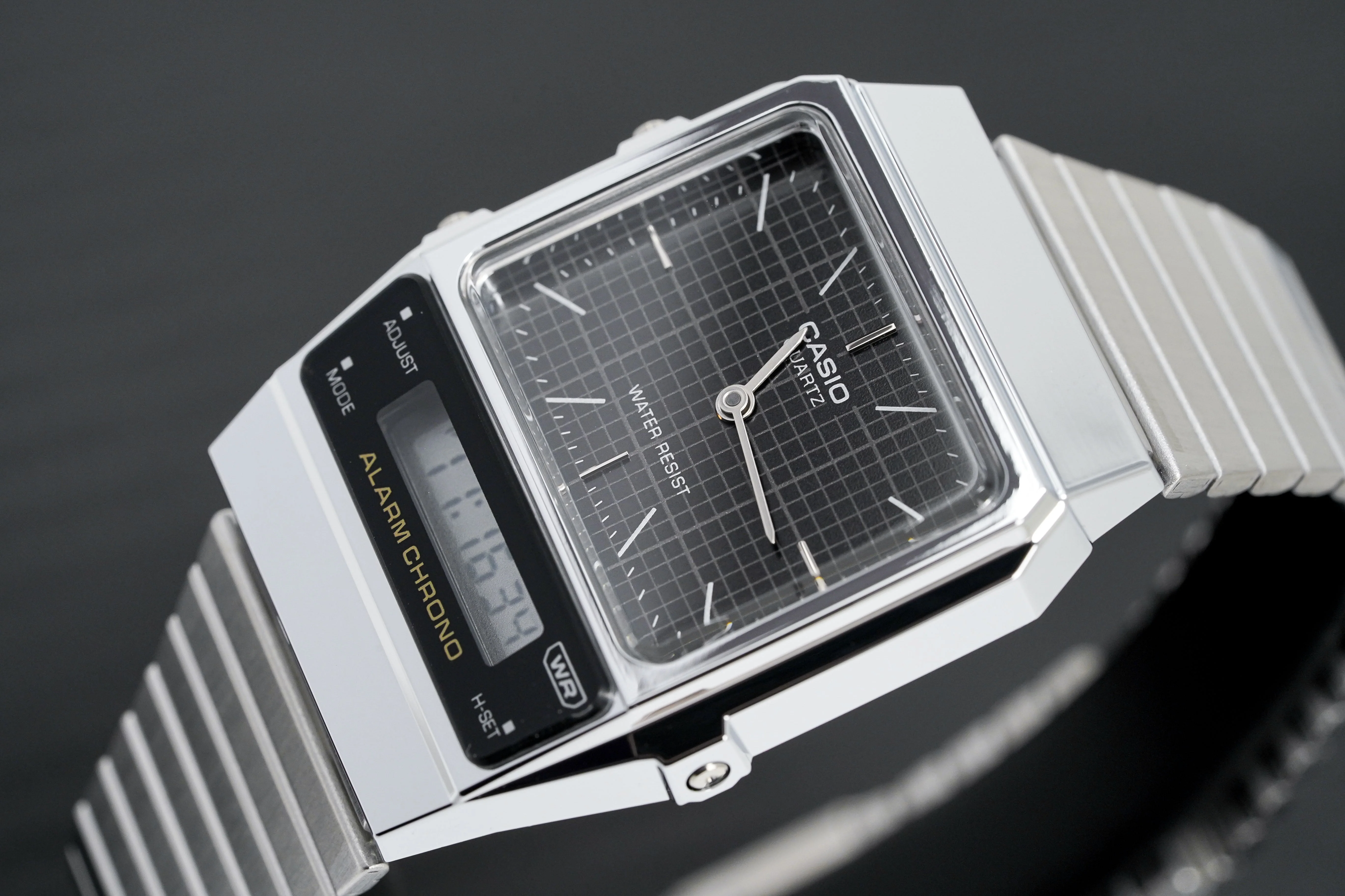 Casio Watch Vintage Dual Time Black Steel Flat Link - Image 3