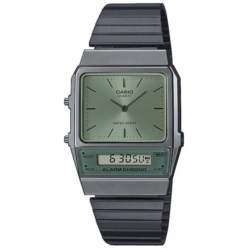 Casio Watch Vintage IP Grey Dual Time Steel Green Dial