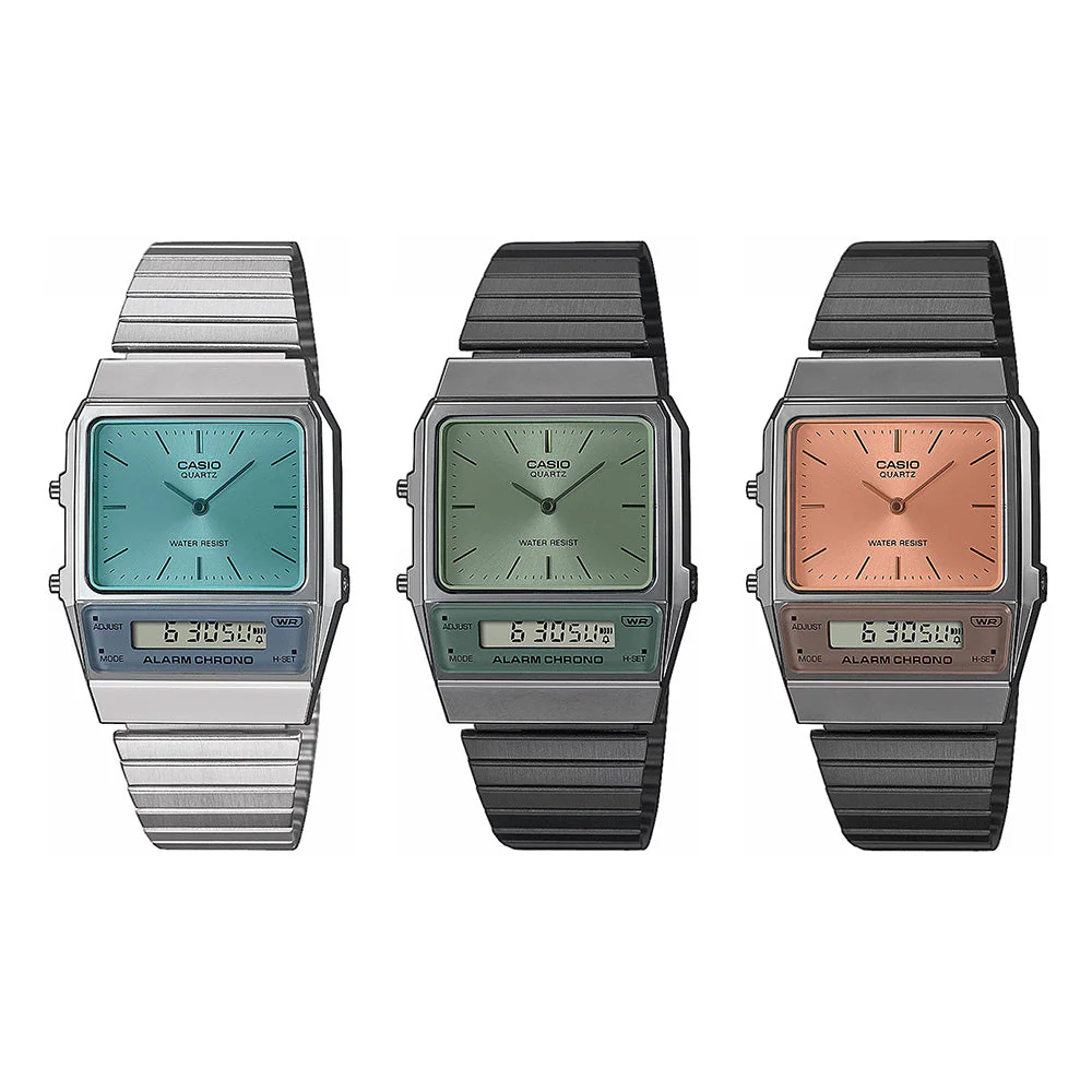 Casio Watch Vintage IP Grey Dual Time Steel Green Dial - Image 2
