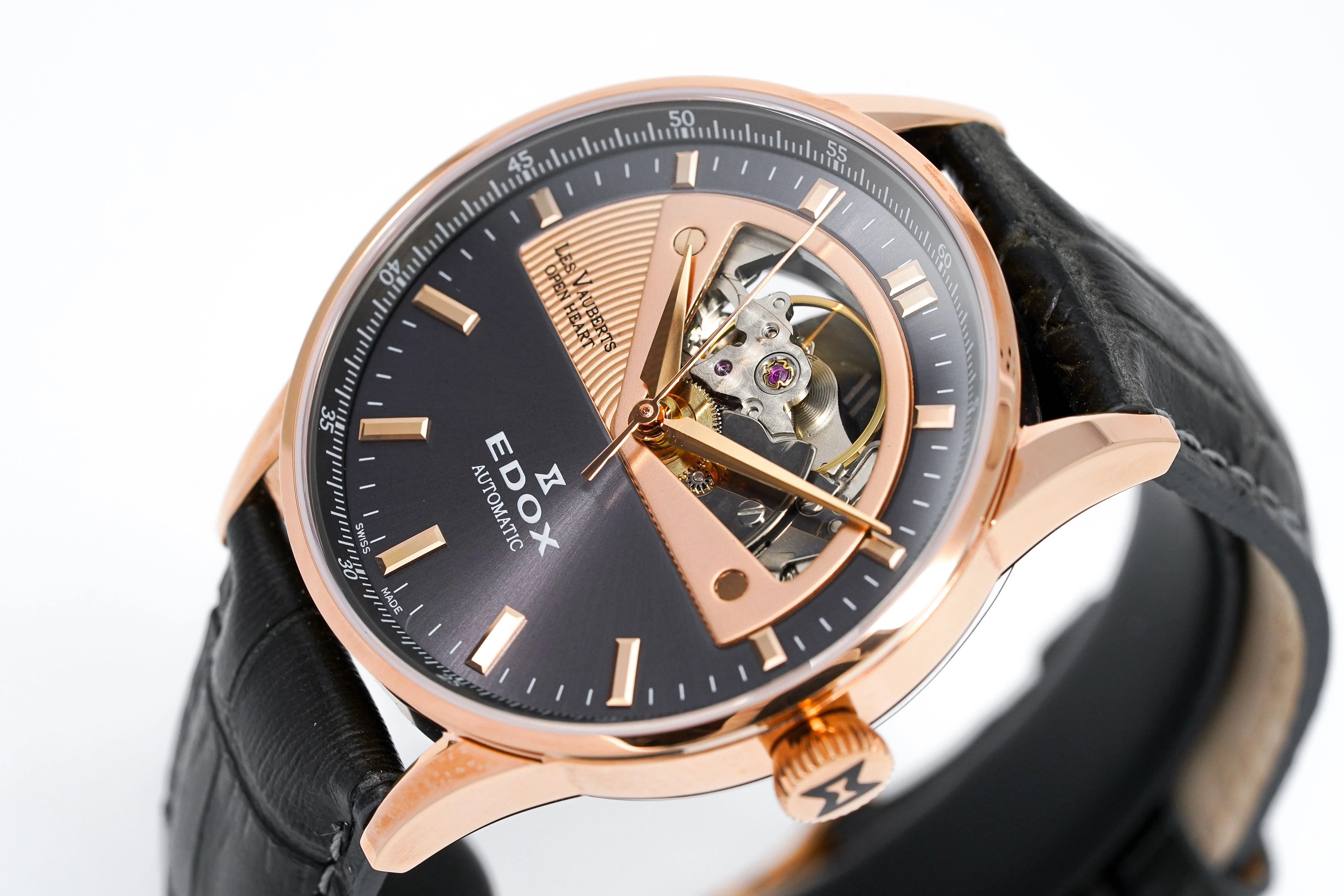 Edox Women's Automatic Watch Les Vauberts Open Heart 37mm Black Rose Gold - Image 3