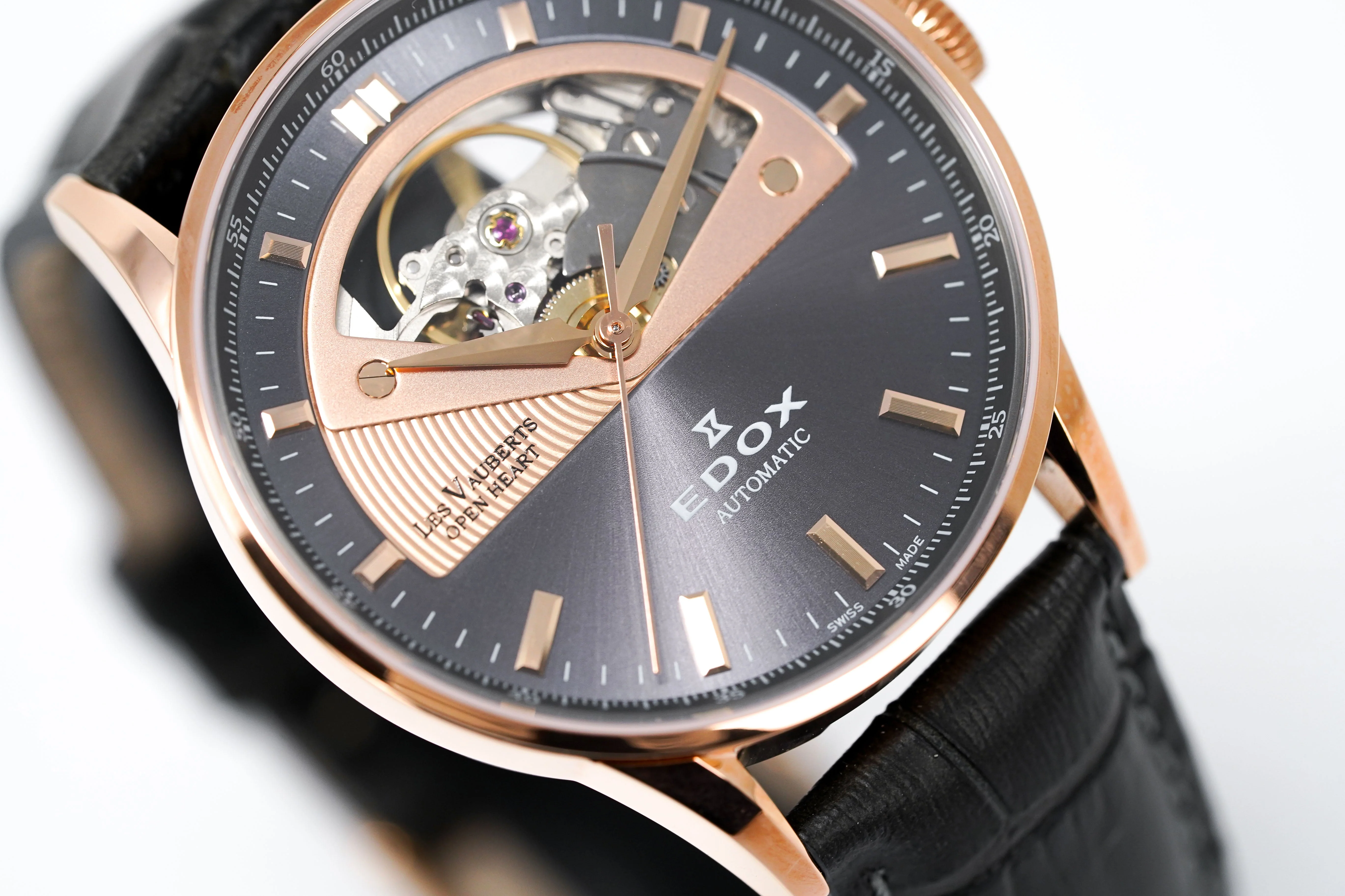 Edox Women's Automatic Watch Les Vauberts Open Heart 37mm Black Rose Gold - Image 6