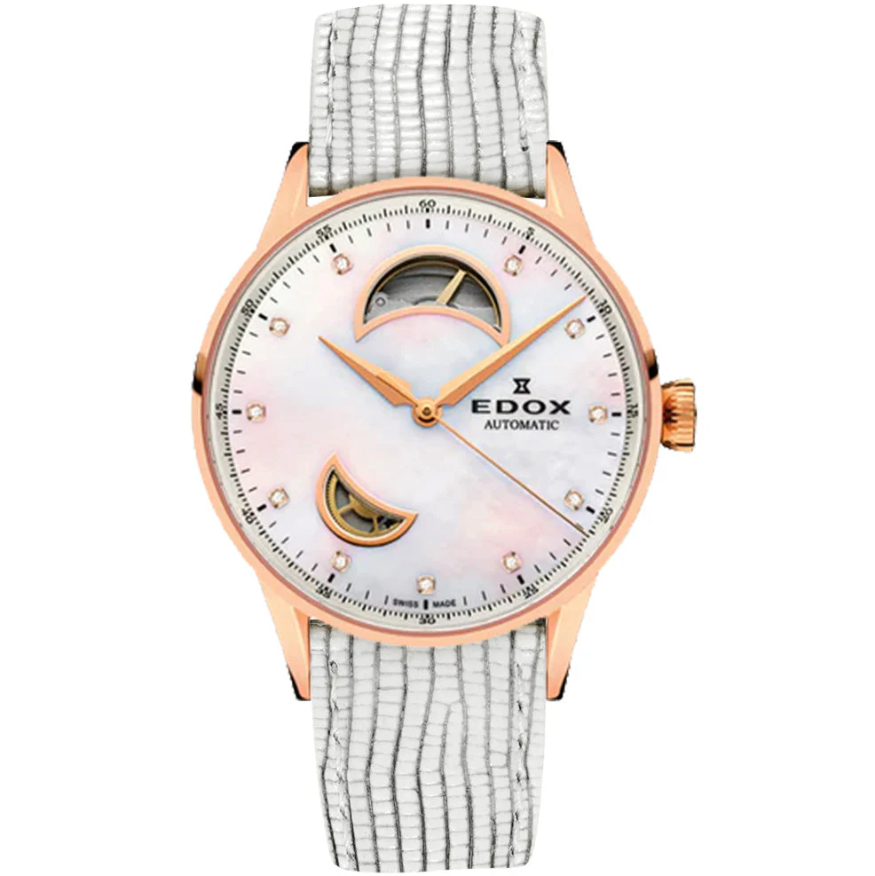Edox Women's Automatic Watch Les Vauberts Open Heart Rose Gold 37mm