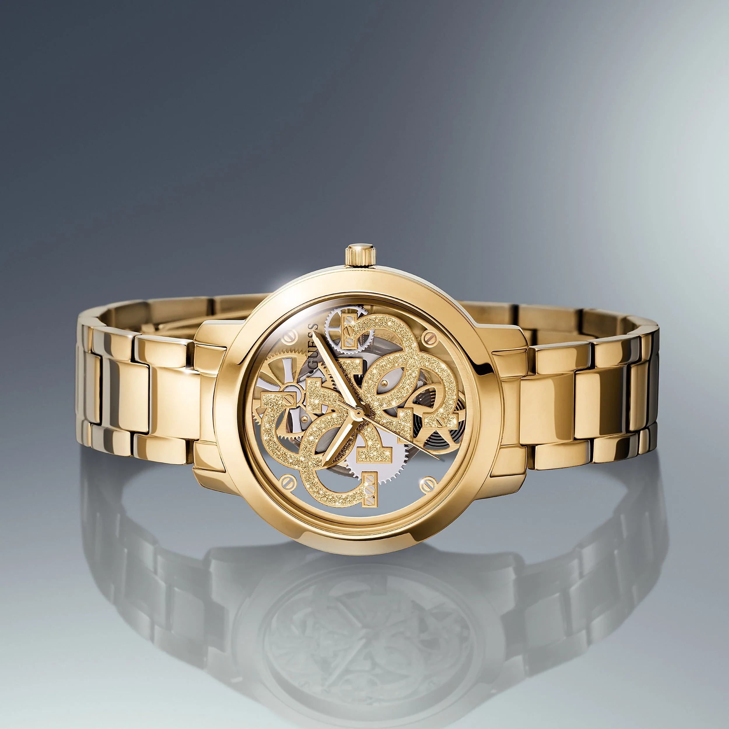 Guess Ladies Quattro Clear Gold Watch - Image 6