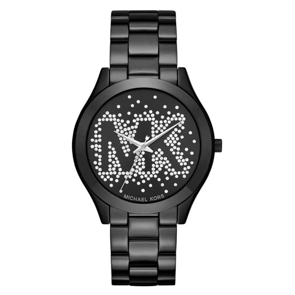 Michael Kors Ladies Watch Slim Runway 42mm Black 'MK' Gem Set