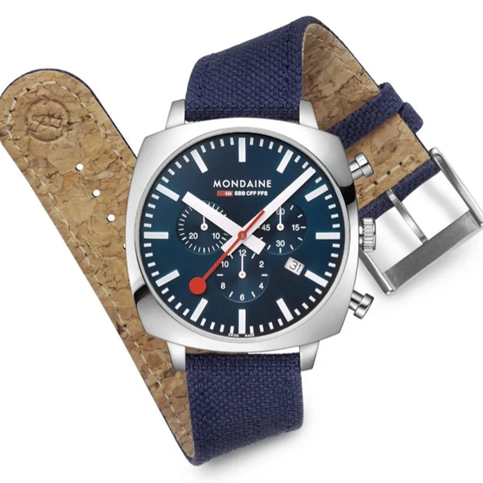 Mondaine Grand Cushion Chrono Square Men's Blue Watch - Image 3