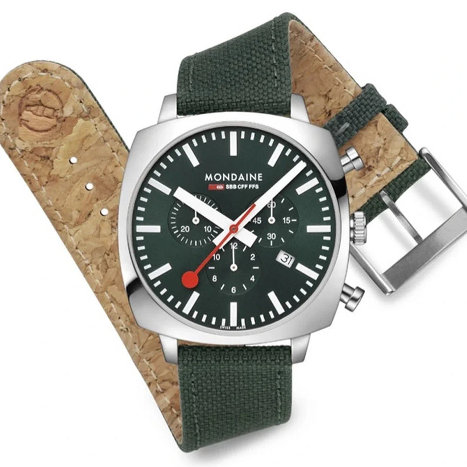 Mondaine Grand Cushion Chrono Square Men's Green Watch - Image 3