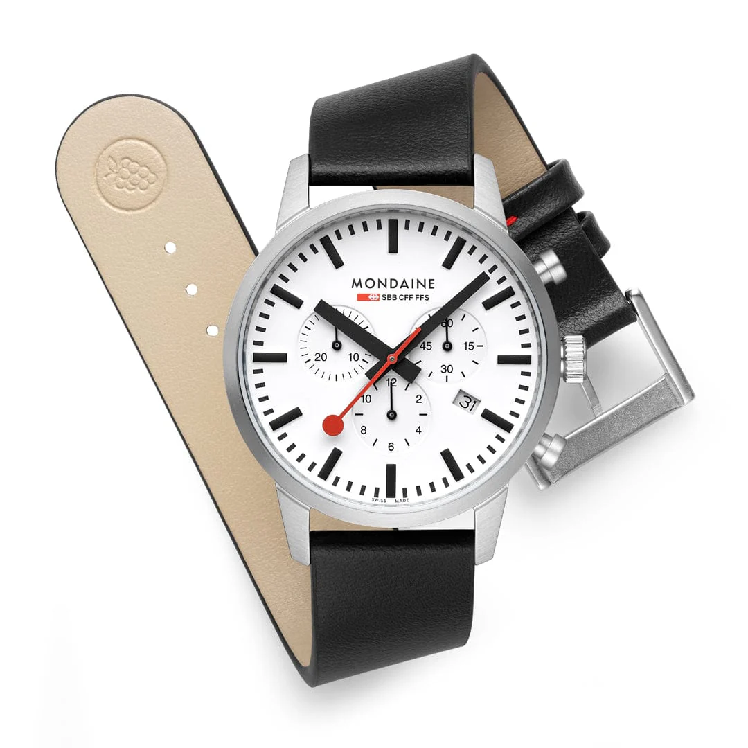 Mondaine Neo Chronograph White Dial 41mm Vegan Leather Watch - Image 11