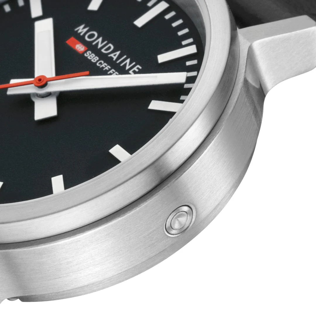 Mondaine Stop2Go Black Dial 34mm Vegan Leather Swiss Watch - Image 7
