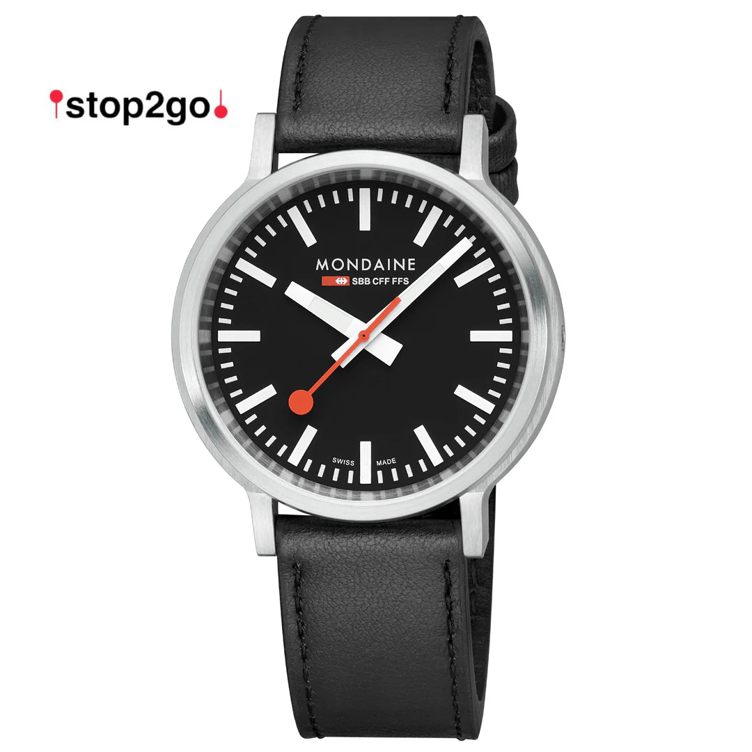 Mondaine Stop2Go Black Dial 41mm Vegan Leather Swiss Watch - Image 15