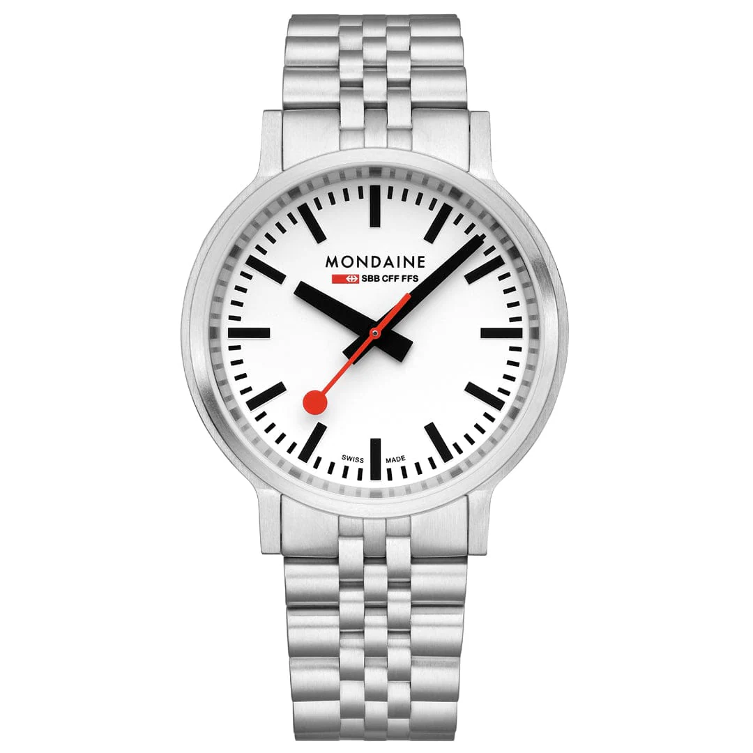 Mondaine Stop2Go White Dial 41mm Stainless Steel Bracelet Watch