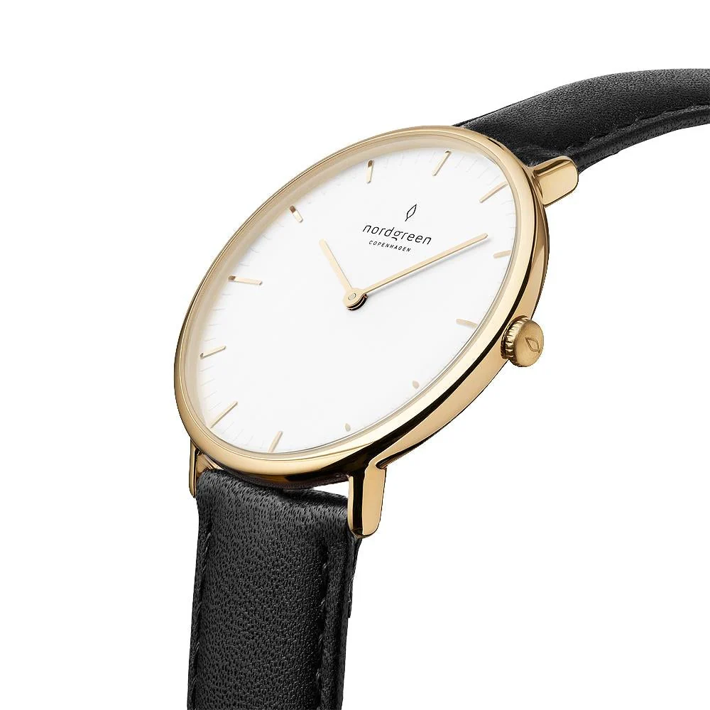 Nordgreen Native Black Leather 32mm Gold Case Watch - Image 3