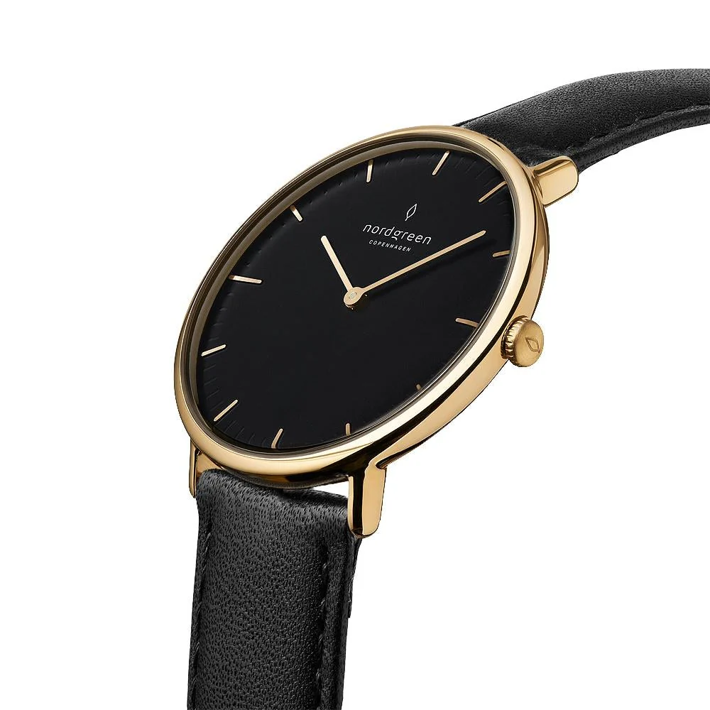 Nordgreen Native Black Leather 32mm Gold Case Watch - Image 4