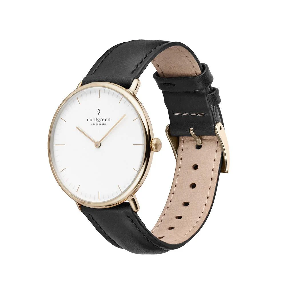 Nordgreen Native Black Leather 36mm Gold Case Watch - Image 3