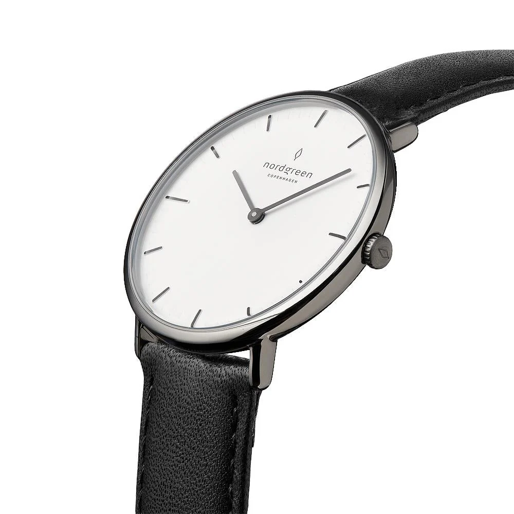 Nordgreen Native Black Leather 36mm Gun Metal Case Watch - Image 4