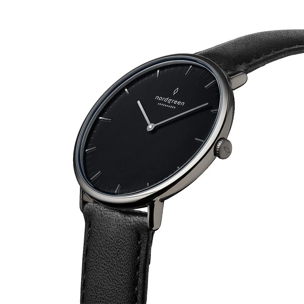 Nordgreen Native Black Leather 36mm Gun Metal Case Watch - Image 3