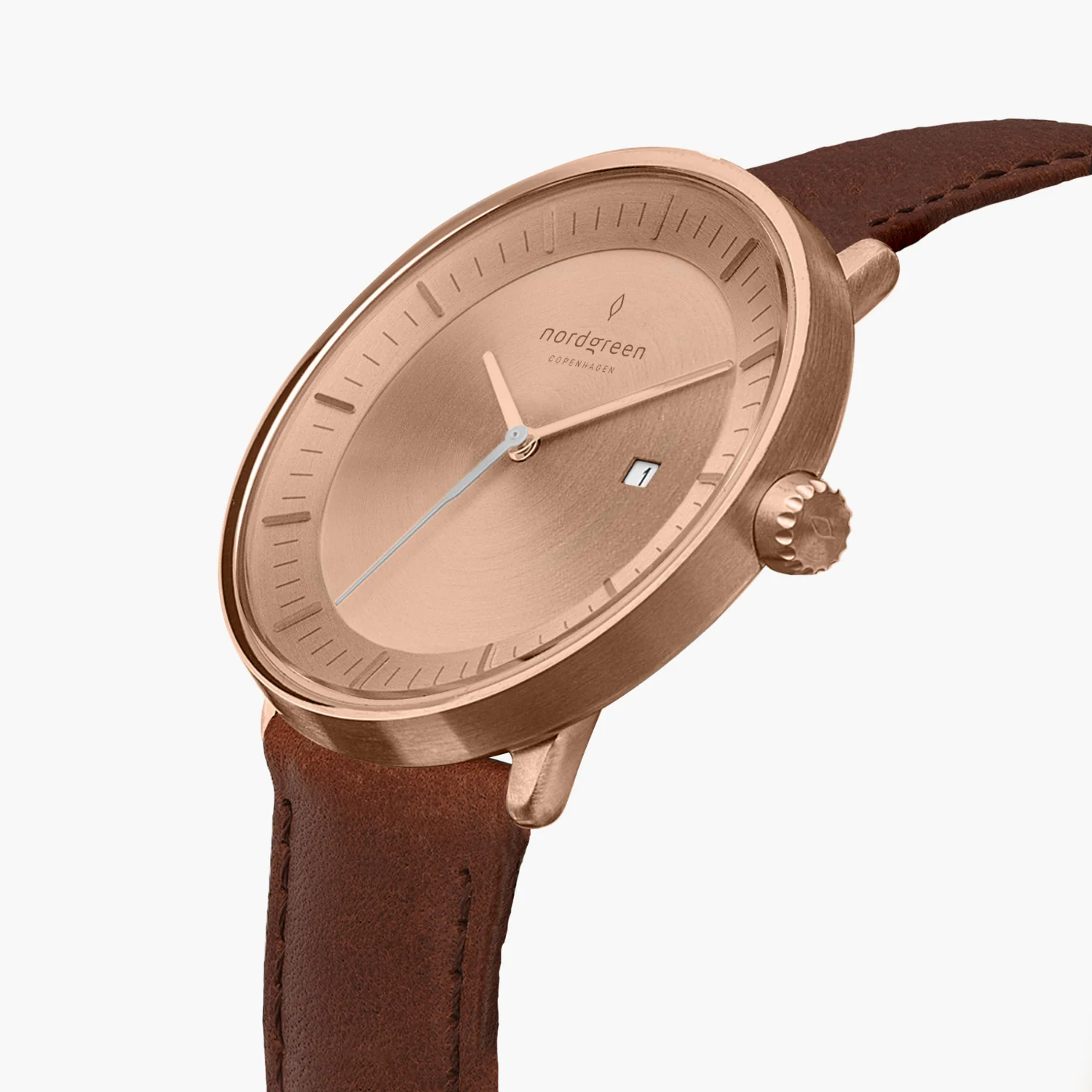 Nordgreen Philosopher Brown Leather 36mm Rose Gold Brushed Metal Dial Watch - Image 2