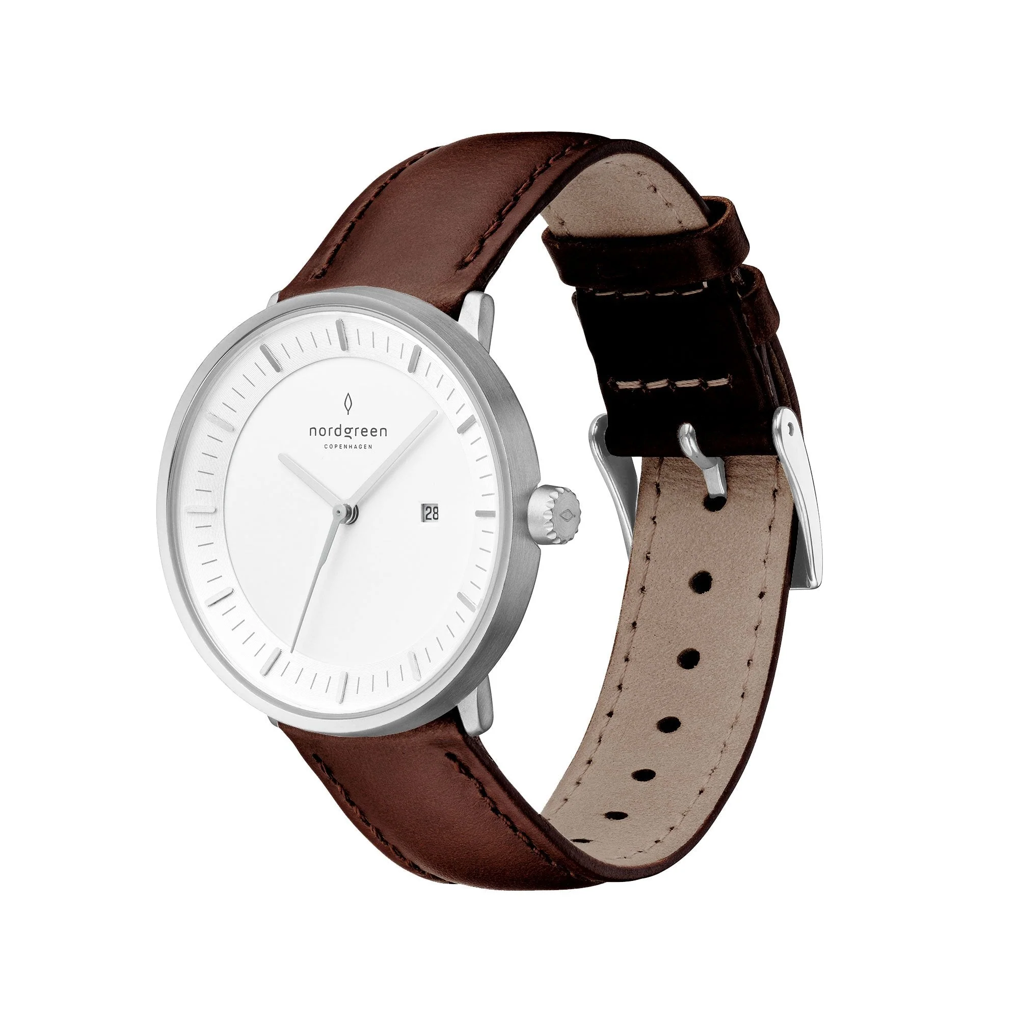 Nordgreen Philosopher Dark Brown Leather 36mm Silver Case Watch - Image 3