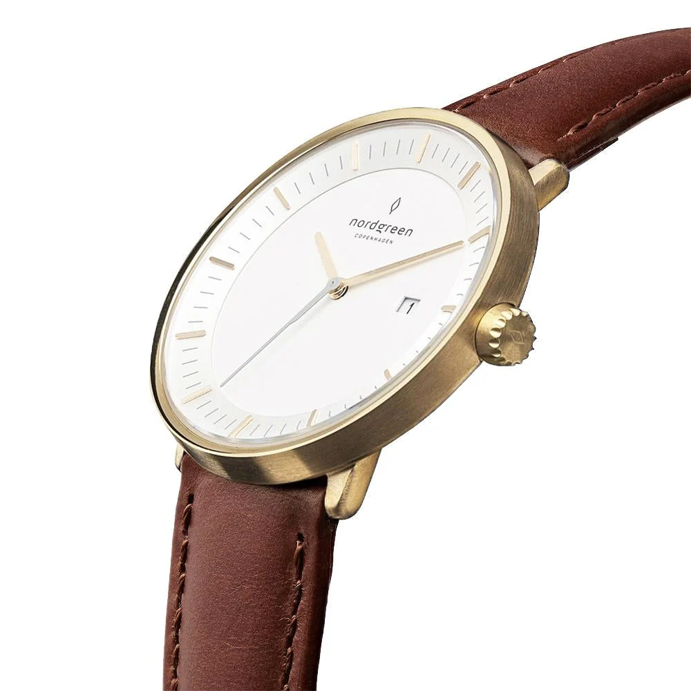 Nordgreen Philosopher Dark Brown Leather 40mm Gold Case Watch - Image 4
