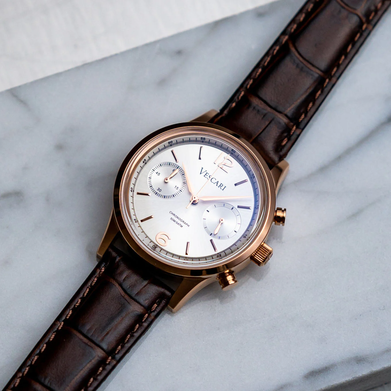 Vescari Chestor Rosegold Blk/Brn Strap Chronograph Watch - Image 4